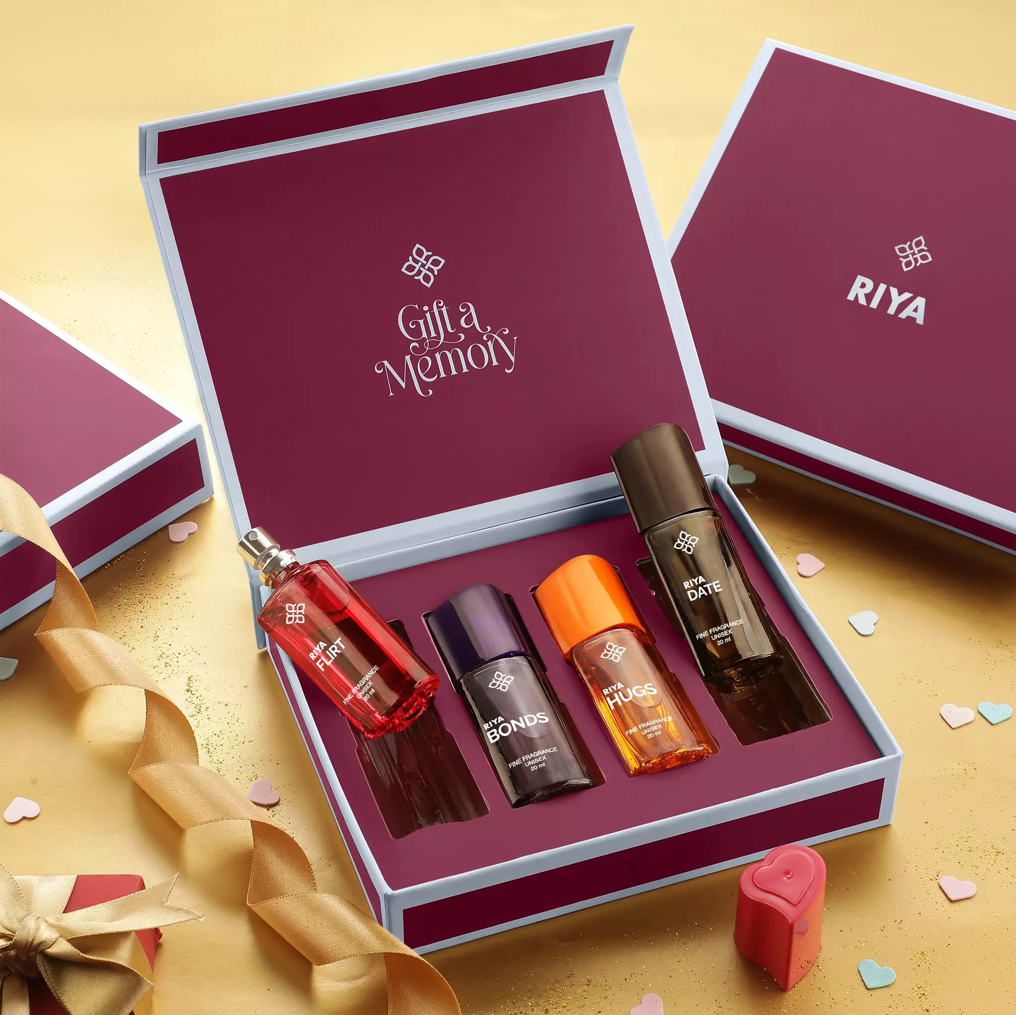 RIYA Gift A Memory Eau De Parfum Giftset, For Unisex, 4 Different Scents(Flirts, Hugs, Bonds & Date) 20ml EachX 4 PC 