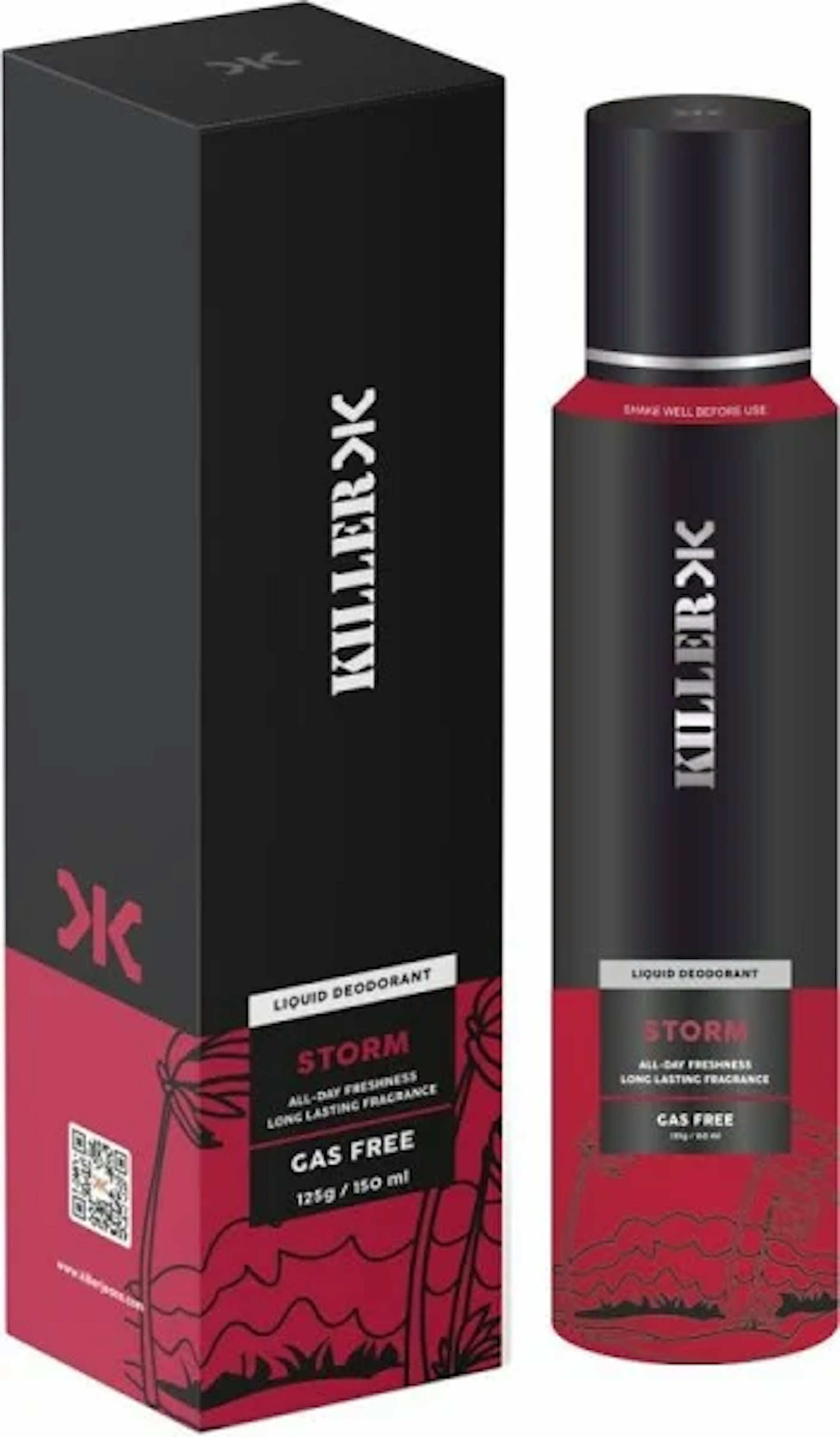  Killer Storm No Gas Deodorant Spray - For Men Brand Is Killer. Type Is Deodorant Spray. Model Name Is Storm No Gas. Ideal For Is Men. Quantity Is 150 Ml. 