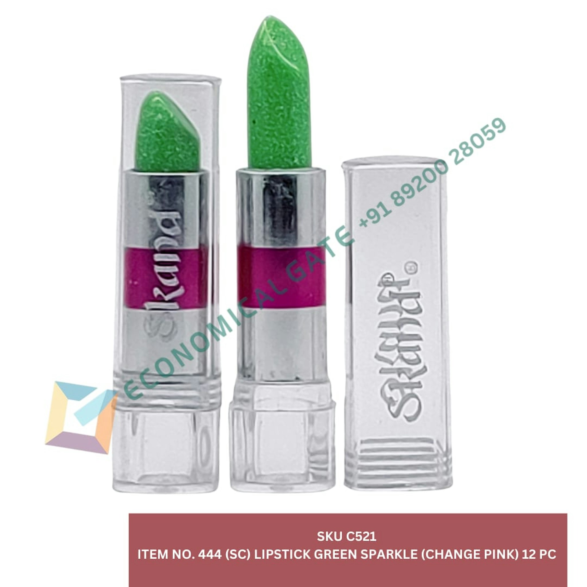 444(SC) LIP STICK GREEN SPARKLE (CHANGE - PINK COLOUR )1 BOX 3 PC LIPSTICK